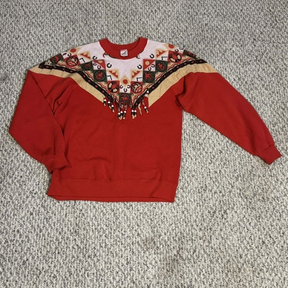 Vintage Jerzees 90's Reworked Sweatshirt Red Western Beaded Fringe Women's XL